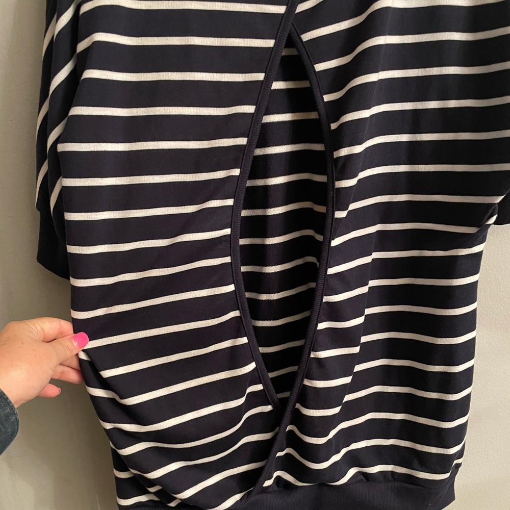 Navy and white striped shirt with back opening